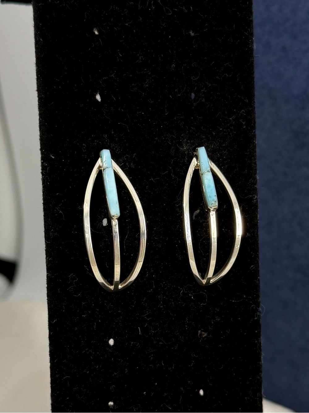 FRED BARNEY Navajo Handmade Sterling Silver Blue Larimar Dome Stud Earrings